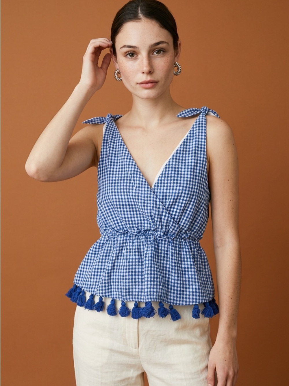 Free the Roses Blue Gingham Tie-Shoulder Peplum Camisole